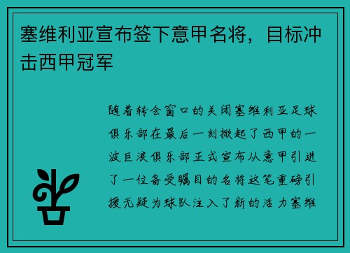 塞维利亚宣布签下意甲名将，目标冲击西甲冠军
